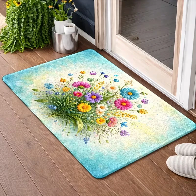 Minimalist Pastel Pink Big Flower Door Mat Non Slip Entrance Doormat Soft Tone Simple Floral Leaf Pattern Floor Rug
