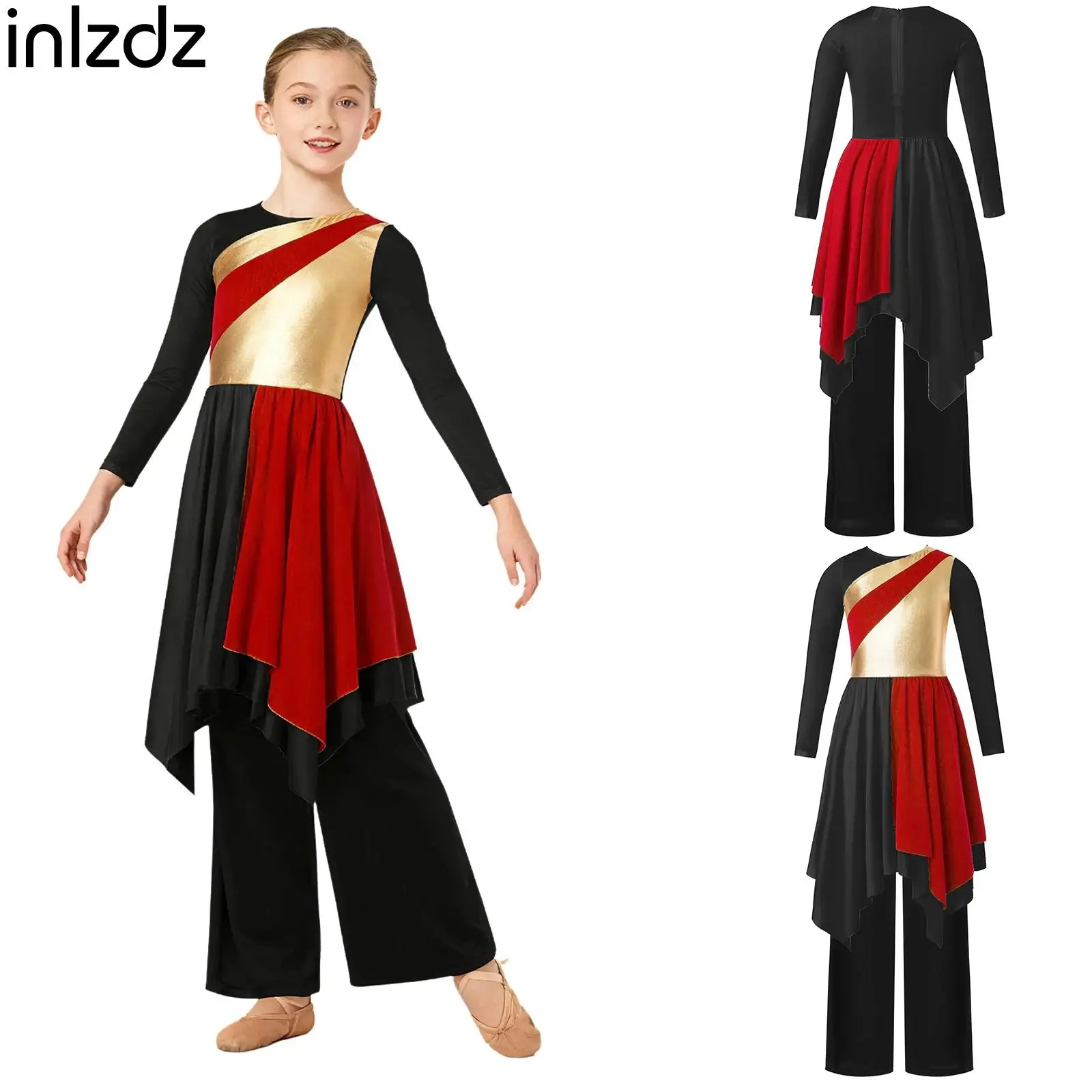 

Child Girls Praise Lyrical Dance Sets Asymmetrical Hem Metallic Dress+Pants Children Contemporary Dance Worship Tunic Costume