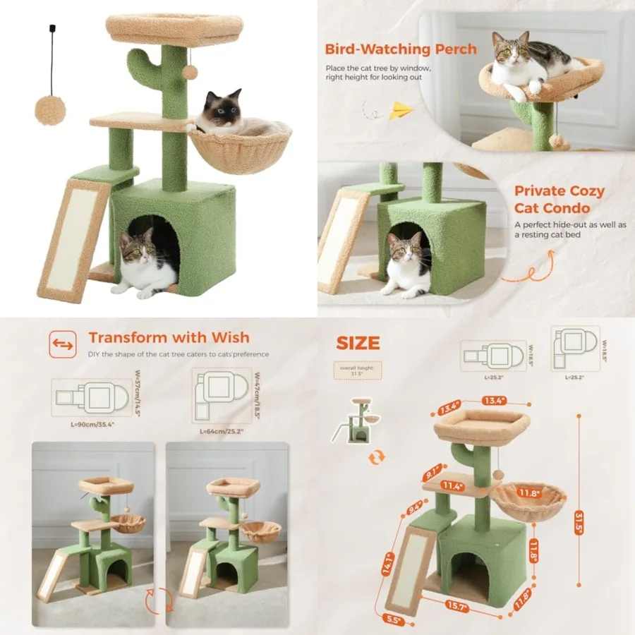 

Cactus Cat Tree for Indoor Cats, 32'' Small Cat Tower Cat Condo with Sisal Scratching Ramp, Cozy Hammock and Removable Top Bed