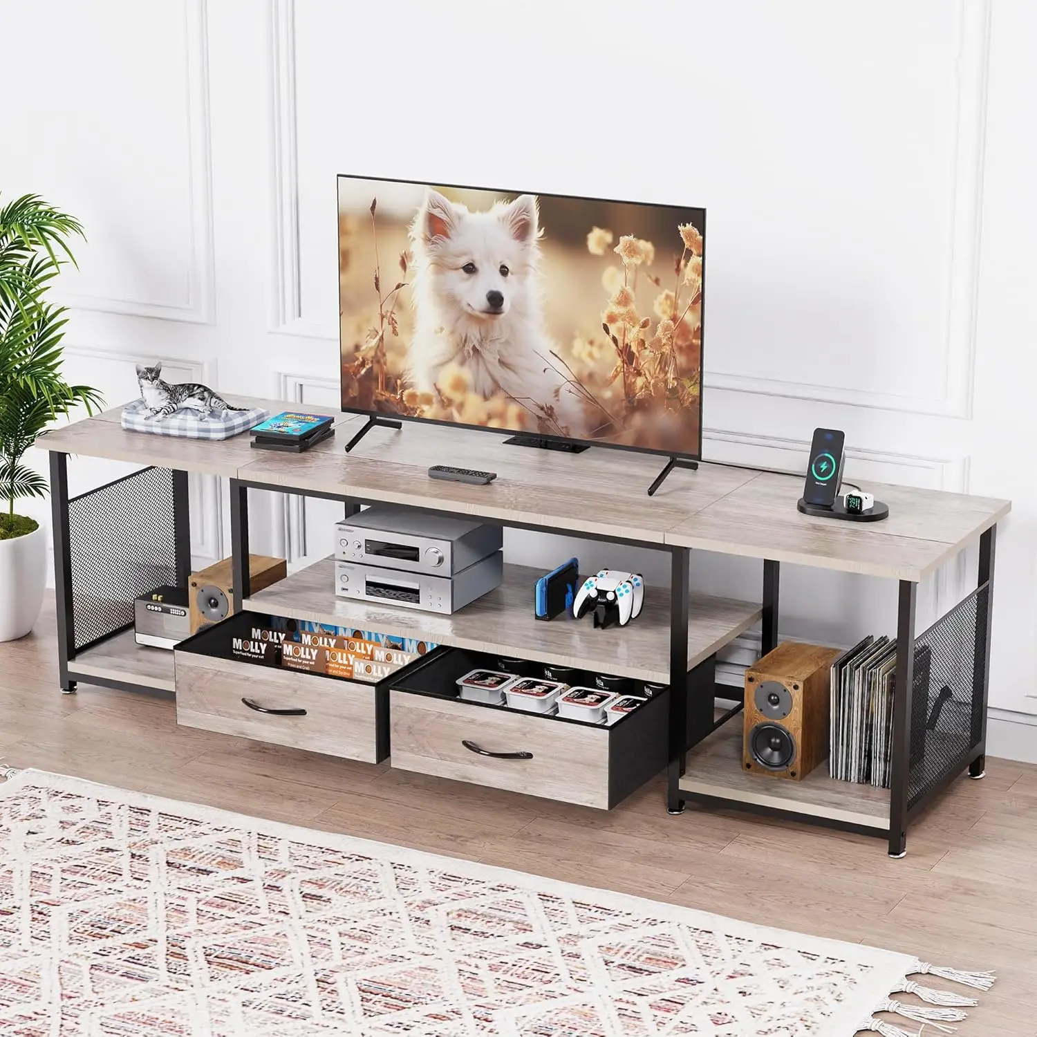 

TV Stand with Fabric Drawers and Power Outlets for 75 70 65 Inch TV, Entertainment Center Open Storage Shelves, TV Media Table