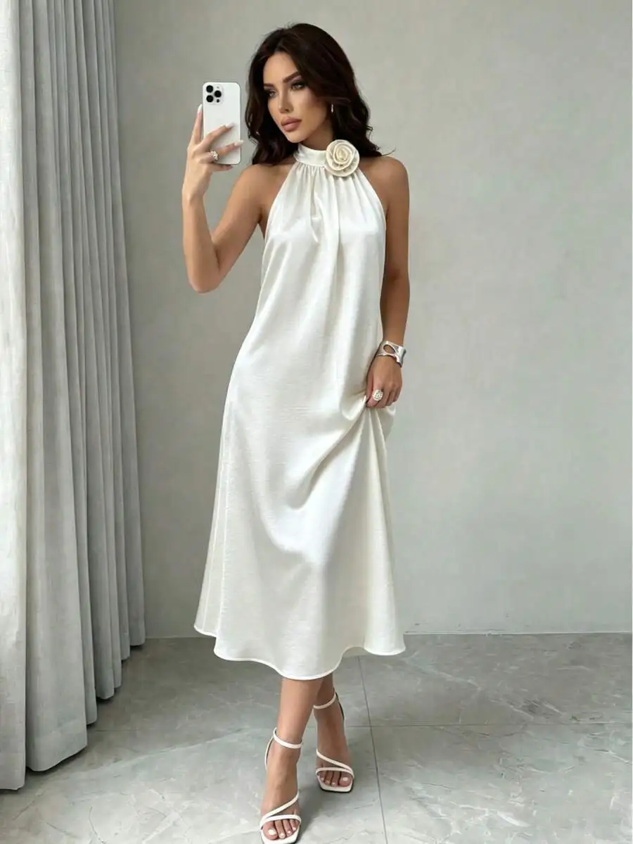 

White Satin Halter Midi Dress With 3D Rose At High Neck, Loose Asymmetrical Flow, Spaghetti Straps—Perfect For Weddings And
