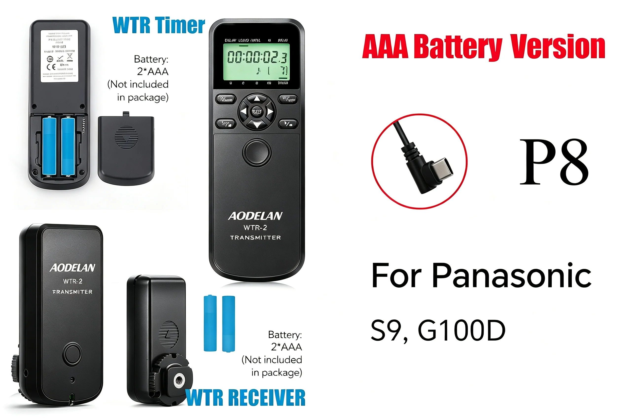 2,5 mm naar USB-C voor Panasonic S9, G100D, ZS99; Camera-afstandsbediening voor ontspanknop, autofocus, enkelvoudige opname, continue opname, opname met vertraagde opname, opname met lampfunctie
