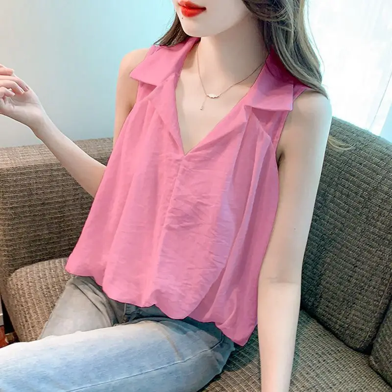 

Лето 2022, новые свободные универсальные пуловеры, топы, милые рубашки, модные однотонные корейские блузки без рукавов с лацканами, женская одежда