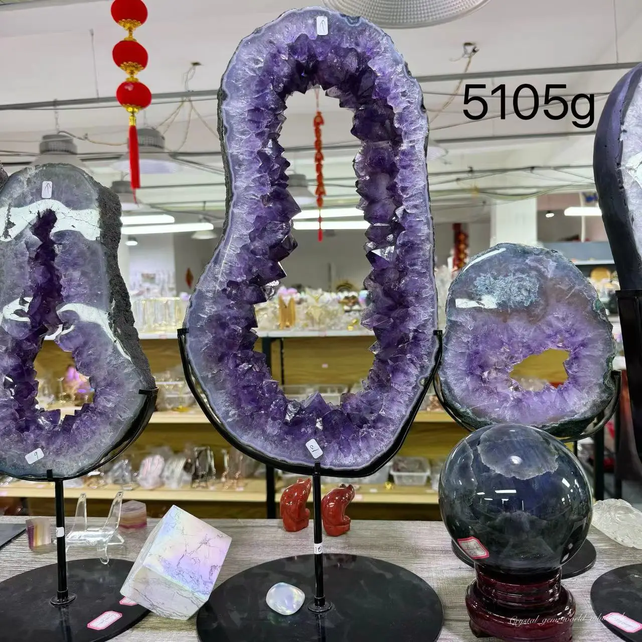 Natural Large Amethyst Agate Geode Portal with Stand, Purple Druzy, Healing Crystal, Metaphysical Energy, Home Decoration, 1 Set