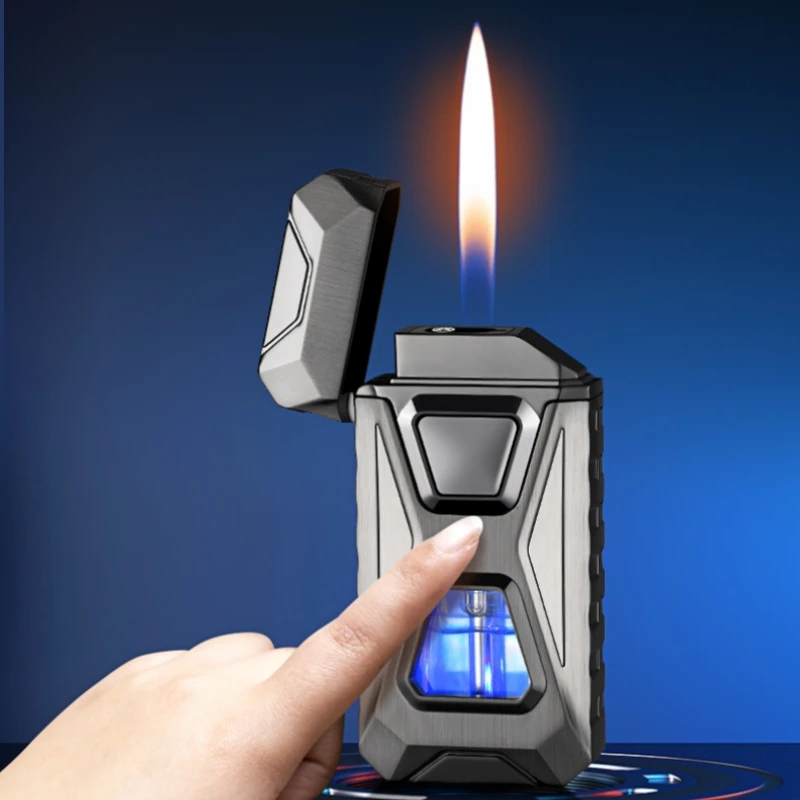 HOT Voice Controlled Ignition Dual Flame Butane Gas Lighter Open Fire Switching Jet Fire Visual Gas Window USB Electric Lighters