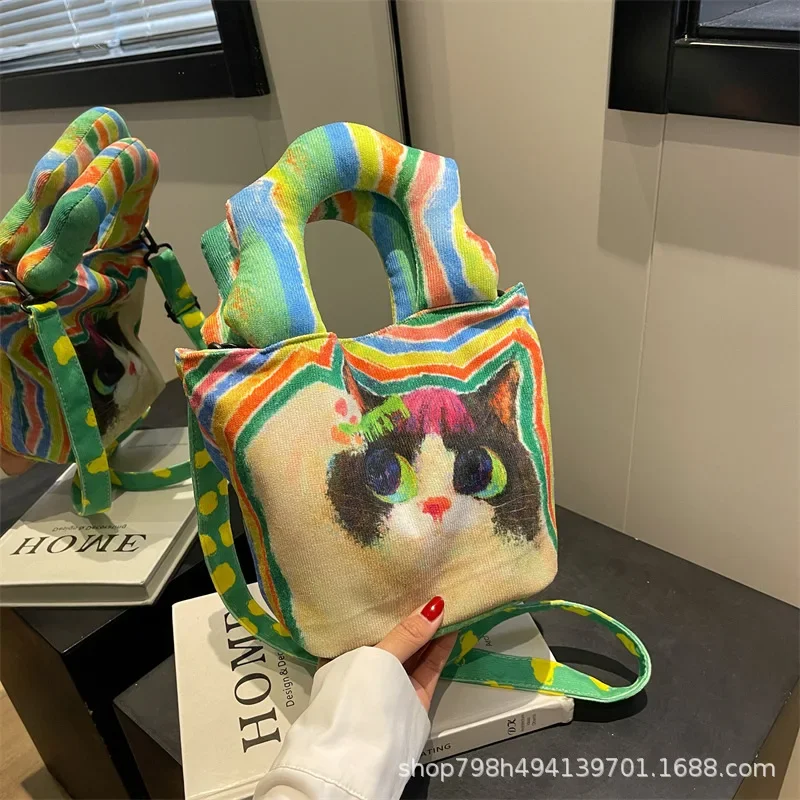 Cartoon Graffiti Bucket Bag for Women 2023 New Canvas Hand Bill Shoulder Crossbody Bag for Women