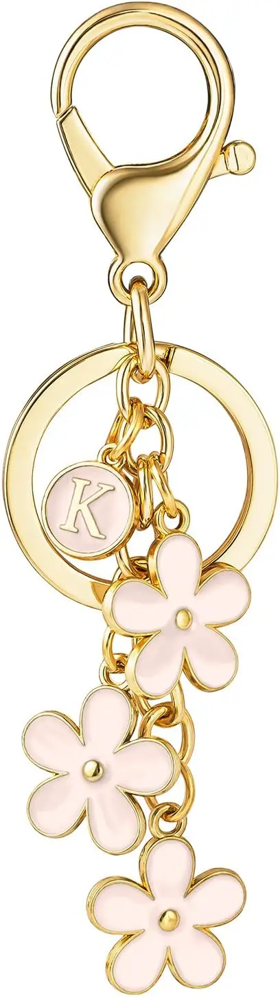 

Initial Keychain White/Pink/Black Cute Keychain Girl Purse Charms for Handbag Cute Letter Flower Keyring for Backpack