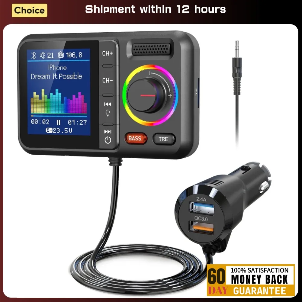 

Wireless FM Transmitter with Big Color Screen 2.4A QC3.0 Dual USB Fast Charging Hands-Free Call Car AUX Adapter MP3 Music Player