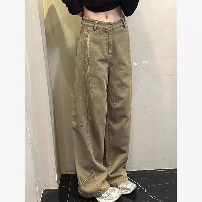 

Женские прямые классические джинсовые брюки для женщин, плиссированные рюши, драпированные, с разрезом, асимметричные детали, стильные женские брюки