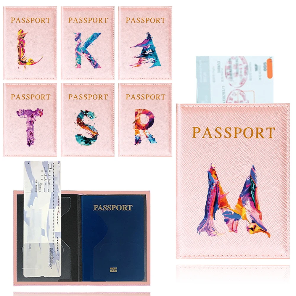 

Passport Cover Pink Color Passport Holder Waterproof Travel Passport Case Printing Paint Letter Series Plane Ticket Card Case