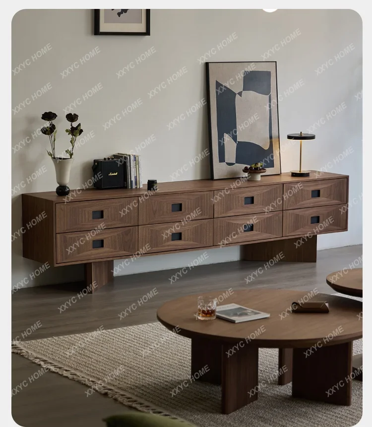 NN Medieval TV Cabinet Black Walnut Solid Wood TV Cabinet Household Storage Retro Floor Cabinet