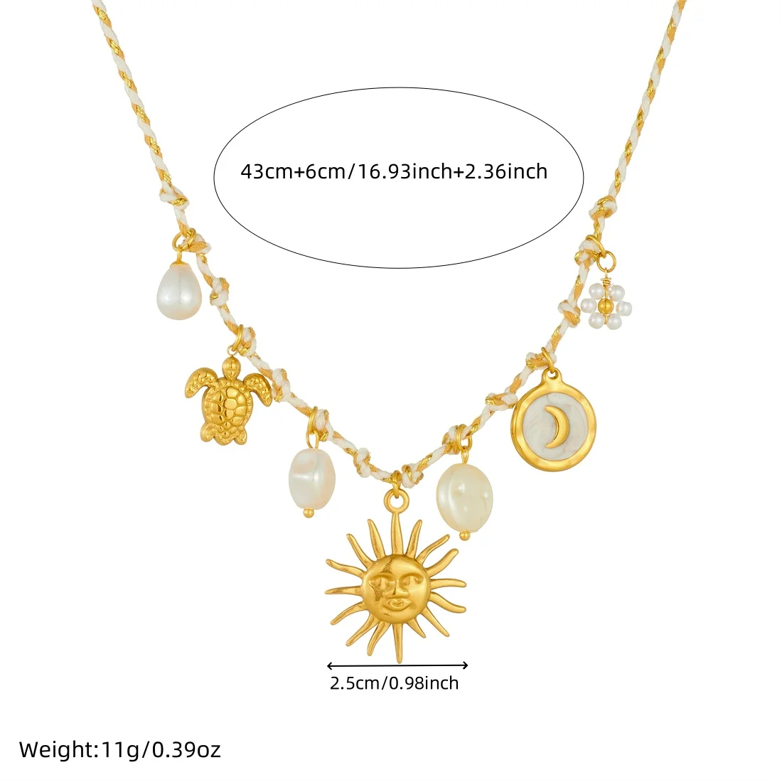 Stainless Steel Golden Sun Face Moon Tortoise Pendant Necklace Lady New Waterproof Yellow White Rope Chain Jewelry