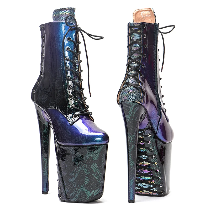 Leecabe 23CM/9inches shinny Snakeskin material lace up sole and upper High Heels Pole Dance boot