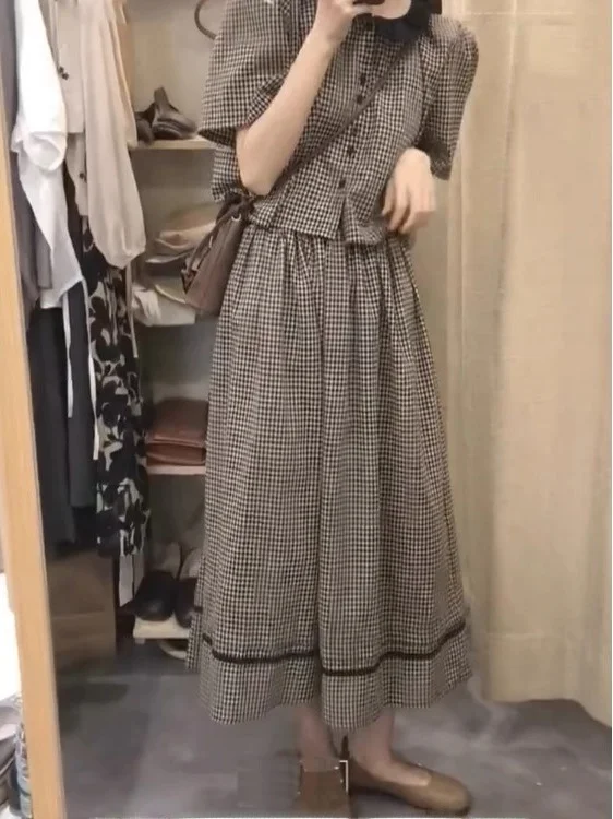 Été Plaid Dr femmes Ele deux pièces Ensemble haut de gamme sensation petite Fraance Sle f-longueur Jupe Faionable Ensemble