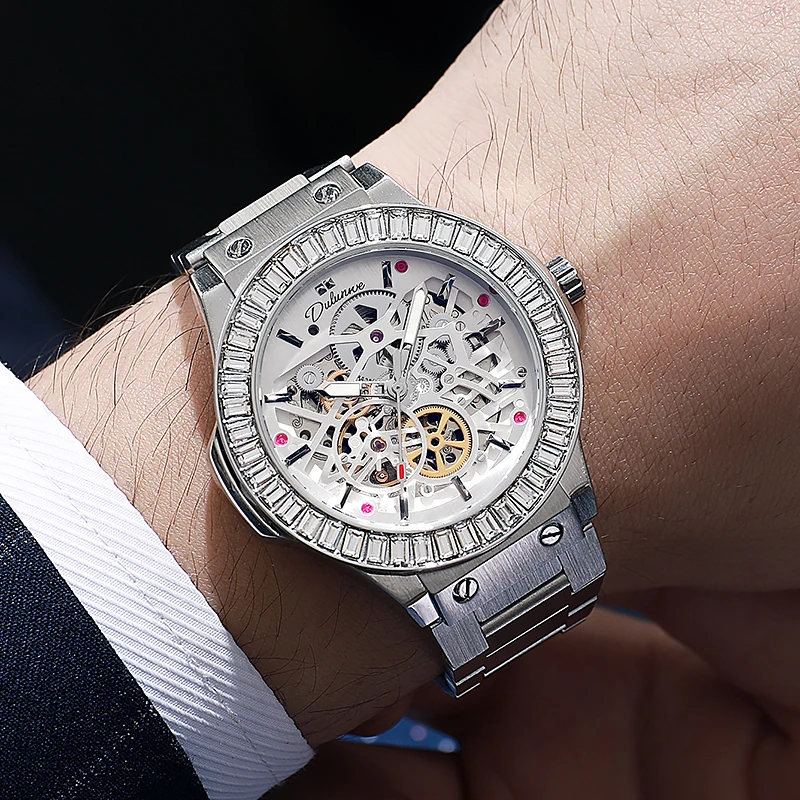 

Dulunwe мужские часы новые полые автоматические механические часы мужские стальные ремешки водонепроницаемые часы люксового бренда