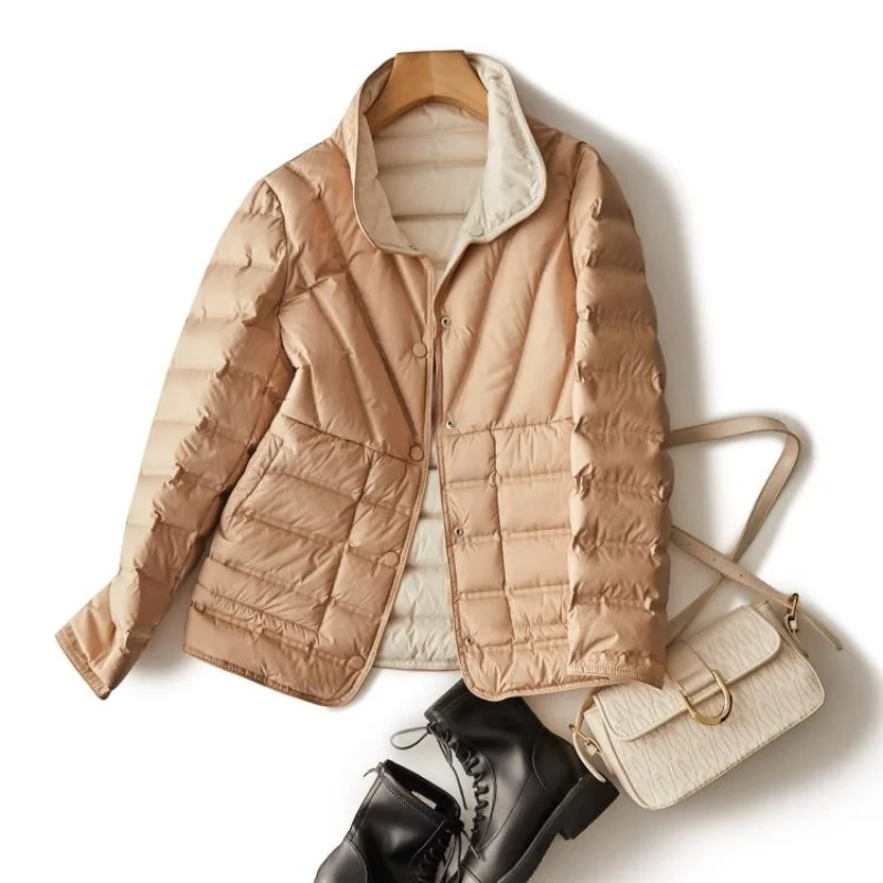 Two-Sided Autumn Winter Women Single Breasted Down Jacket Parkas Light Thin White Duck Down Coat Lady Warm Short Puffer Outwears