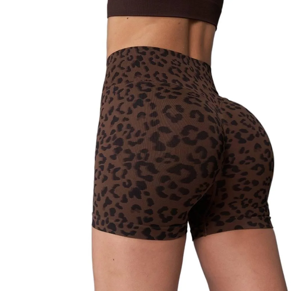 Leopard Print Seamless Yoga Shorts Women High Waist Tummy Control Scrunch Butt Lift 3 Inch Biker Gym Shorts for Cycling Fitness