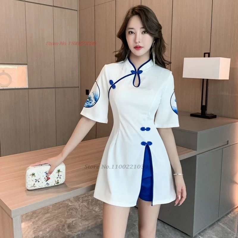 2025 chinese improved cheongsam nightclub dress qipao national flower print qipao dress+shorts set oriental hotel spa work dress