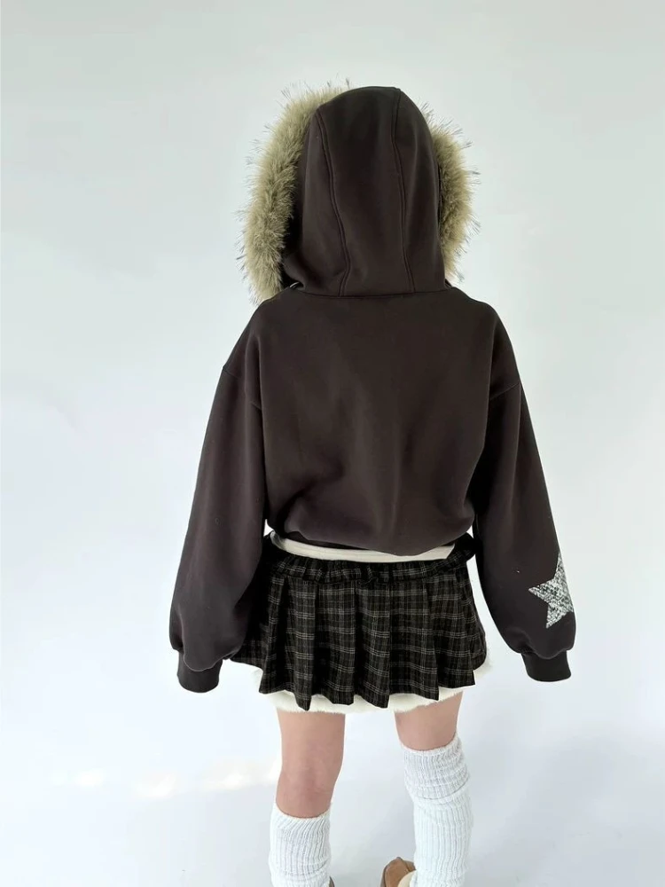 Bluzy z kapturem na zamek Deeptown z kołnierzem z imitacji futra, damskie, vintage, z grafiką liter, w stylu punkowym, moda koreańska, bluzy z kapturem, grunge, dopasowane, codzienne