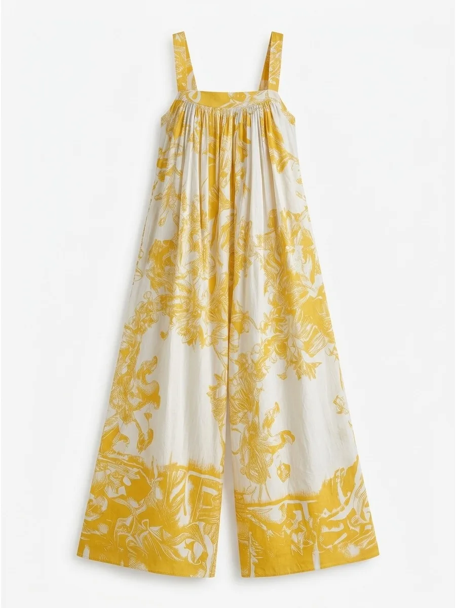 Missuoo Yellow White Floral Printed Loose Vacation Jumpsuit 2026 Summer Stylish Casual Wide Leg Square Neck Cami Jumpsuits