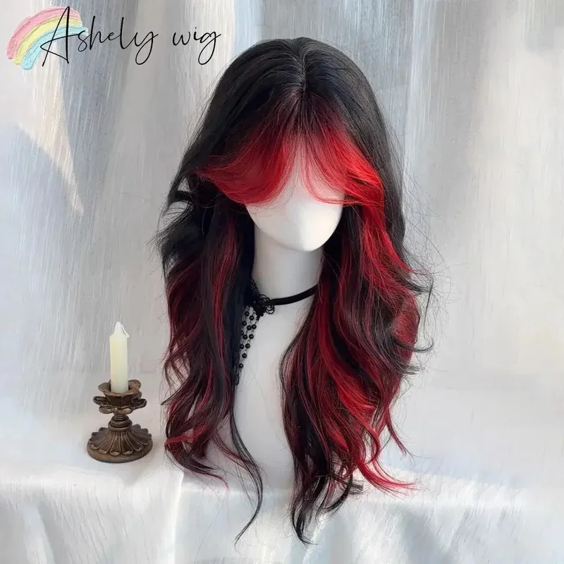 여성용 레드 블랙 옴브레 가발, 긴 웨이브 헤어 가발 21인치 미디엄 Y2K 헤어스타일 로리타 코스프레 데일리용 합성 가발