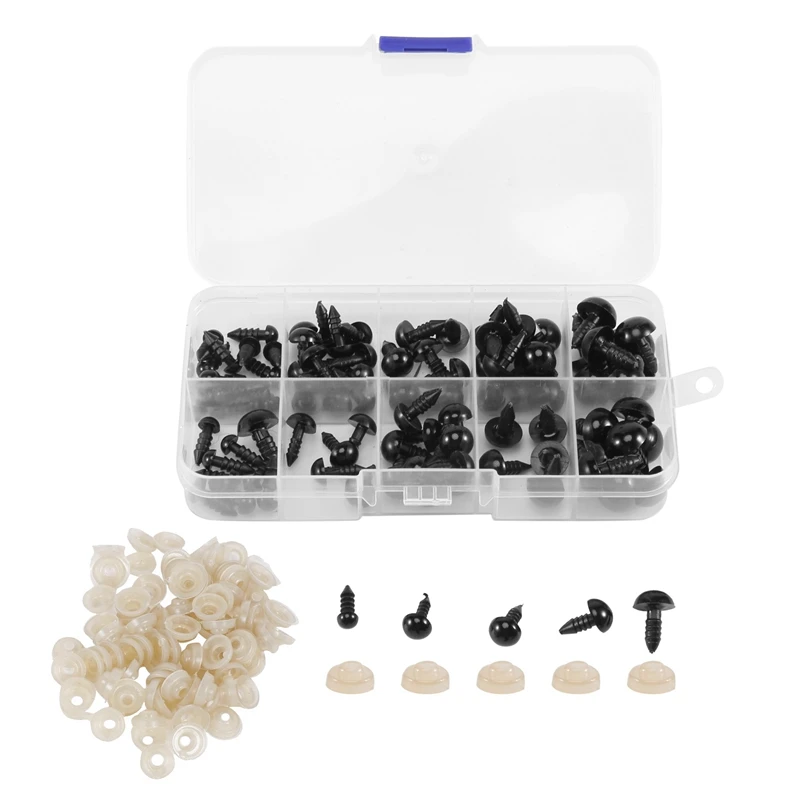 FBIL-100 Pcs 6-12 Mm Plastic Safety Eyes, Black Safety Eyes Doll Making With 100 Pcs Washer For Toy Making DIY Crafts