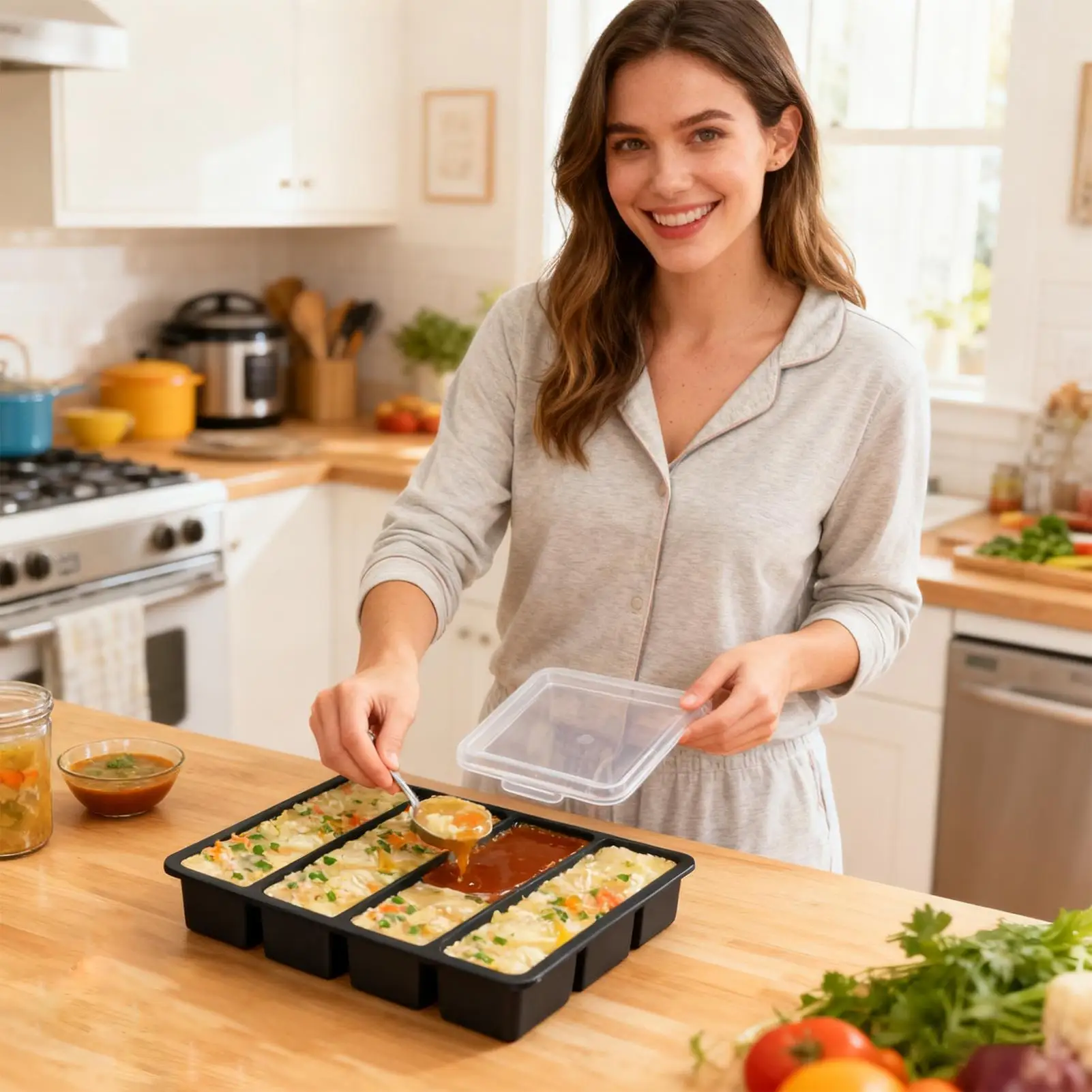 

Формы для морозильной камеры для супа, 4 предмета, многоразовые с крышкой, легкосъемные силиконовые формы для морозильной камеры, лоток для пищевых продуктов для сока, соуса, бульона