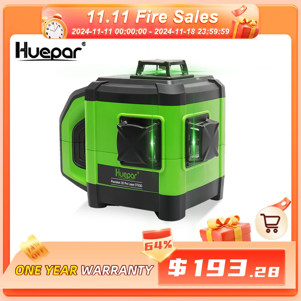 Huepar-Electronic Auto-Nivelamento 3D Green Beam Laser Level, 3x360 Linha Cruzada, Nivelamento de Três Planos, Alinhamento-Função de Inclinação Dupla