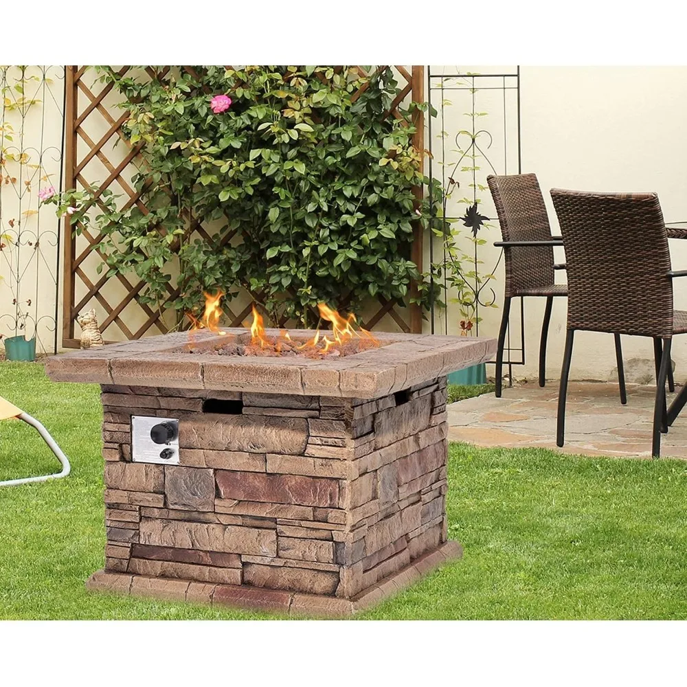 Mesa para fogones de propano para exteriores, fogero cuadrado de propano de hormigón de piedra de imitación de 32 pulgadas con rocas de lava y cubierta para lluvia