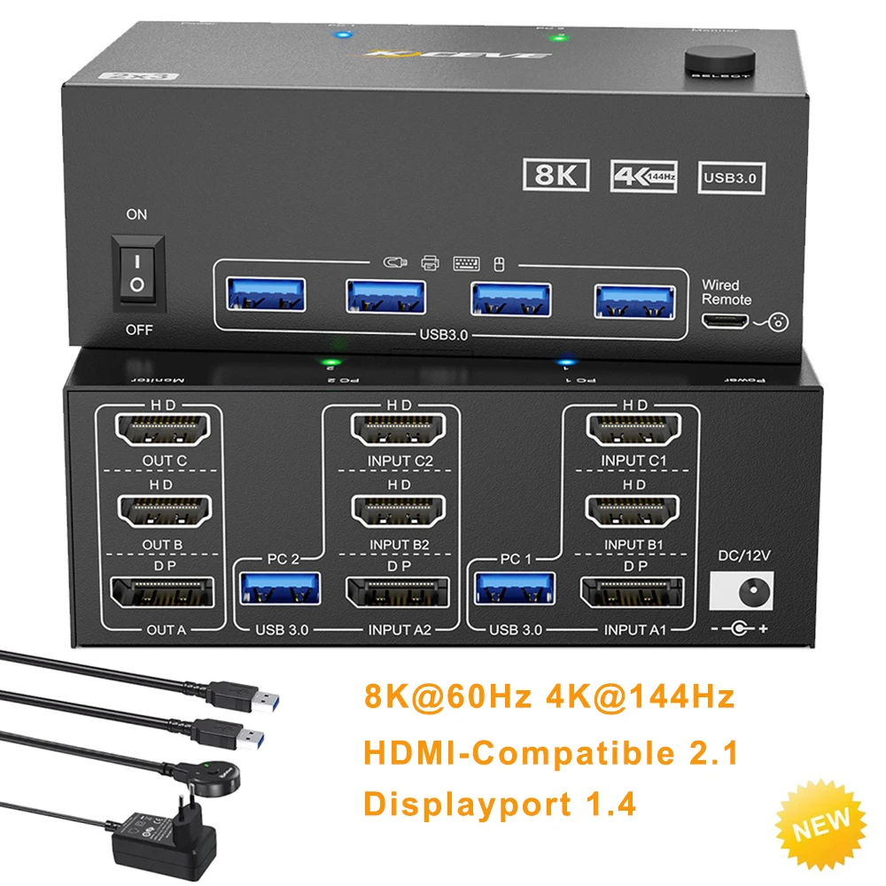 

KVM-переключатель USB 3.0, 3 монитора, 2 компьютера, 8K, 60 Гц Displayport 1,4, HDMI-совместимый 2,1 KVM-переключатель, разветвитель, расширенный дисплей для ПК