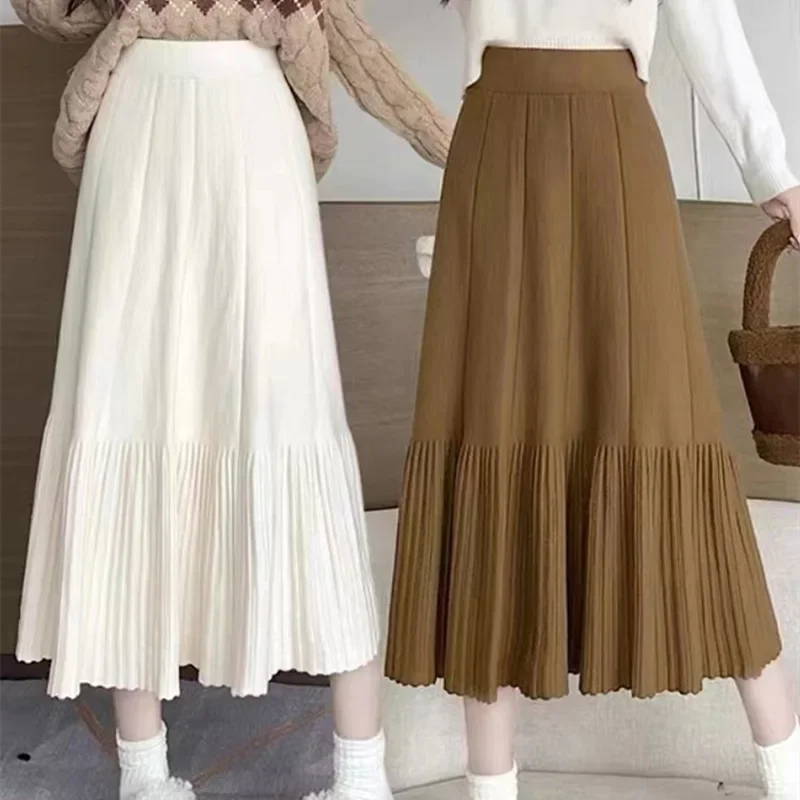 Korean Style Medium Length Women Half Skirt Autumn Elegant Patchwork Chic Long A-Line Pleated Cake Skirt Solid Knitted Dress