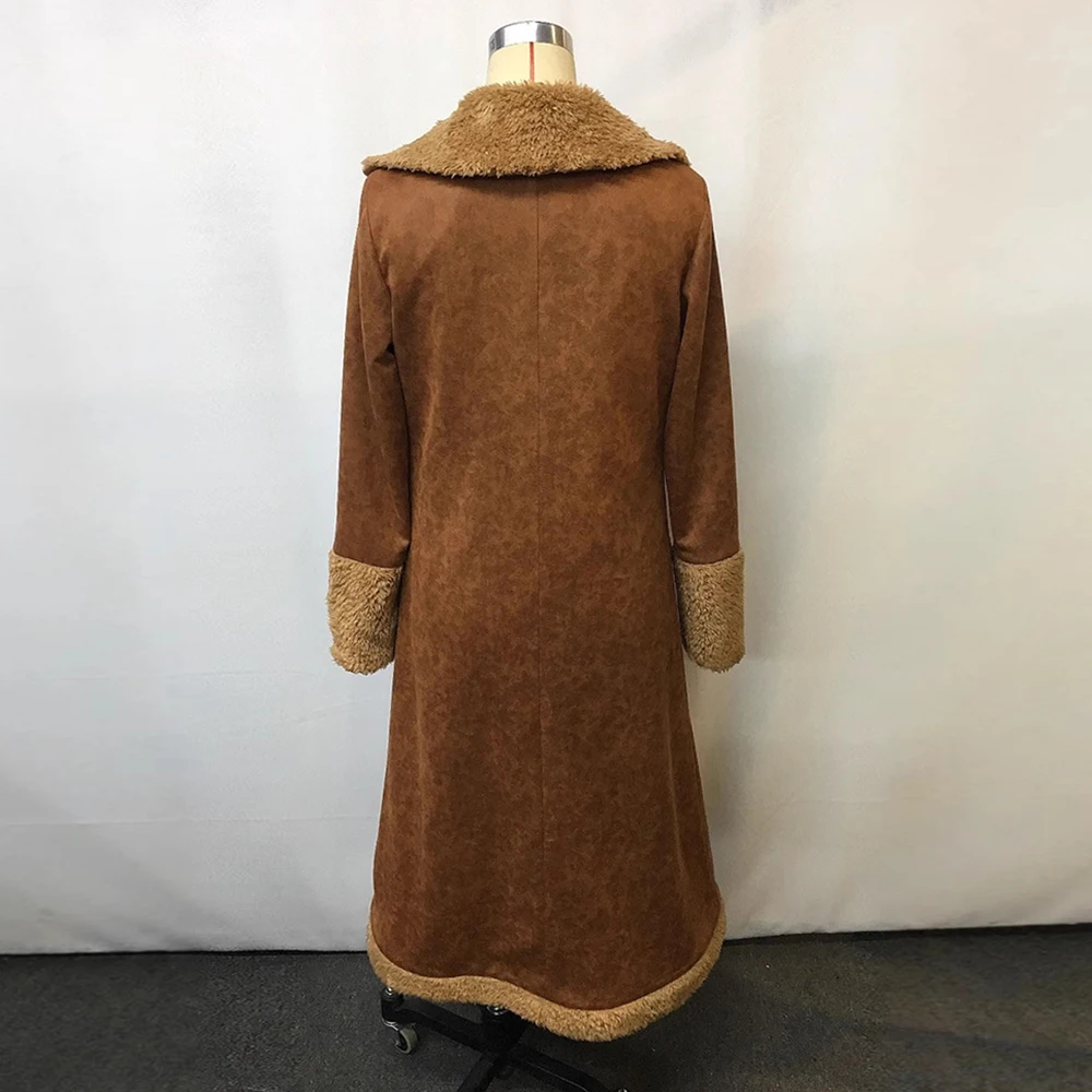 Lange Windjacke aus braunem Wildleder für Damen, Plüsch-Western-Revers, flauschig getrimmt, Winter-Oberbekleidung, warm halten, einreihige Reversmäntel