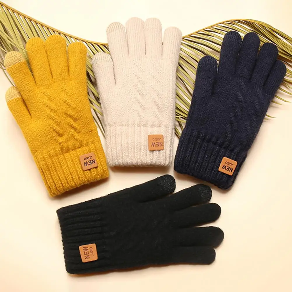 

1 Pair Women Winter Knitting Gloves Loge Pattern Double Layer Thickened Cuffs Gloves Touch Screen Fleece Lining Gloves 여성용 니트 장갑