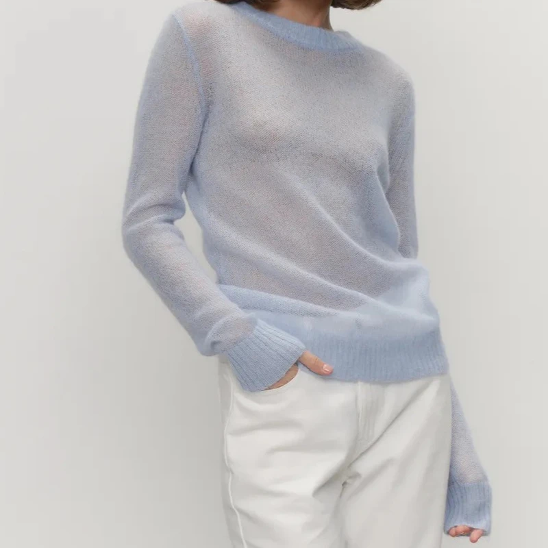 

2025 Spring Summer New Comfortable Knitted Base Half Transparent Sweater for Women