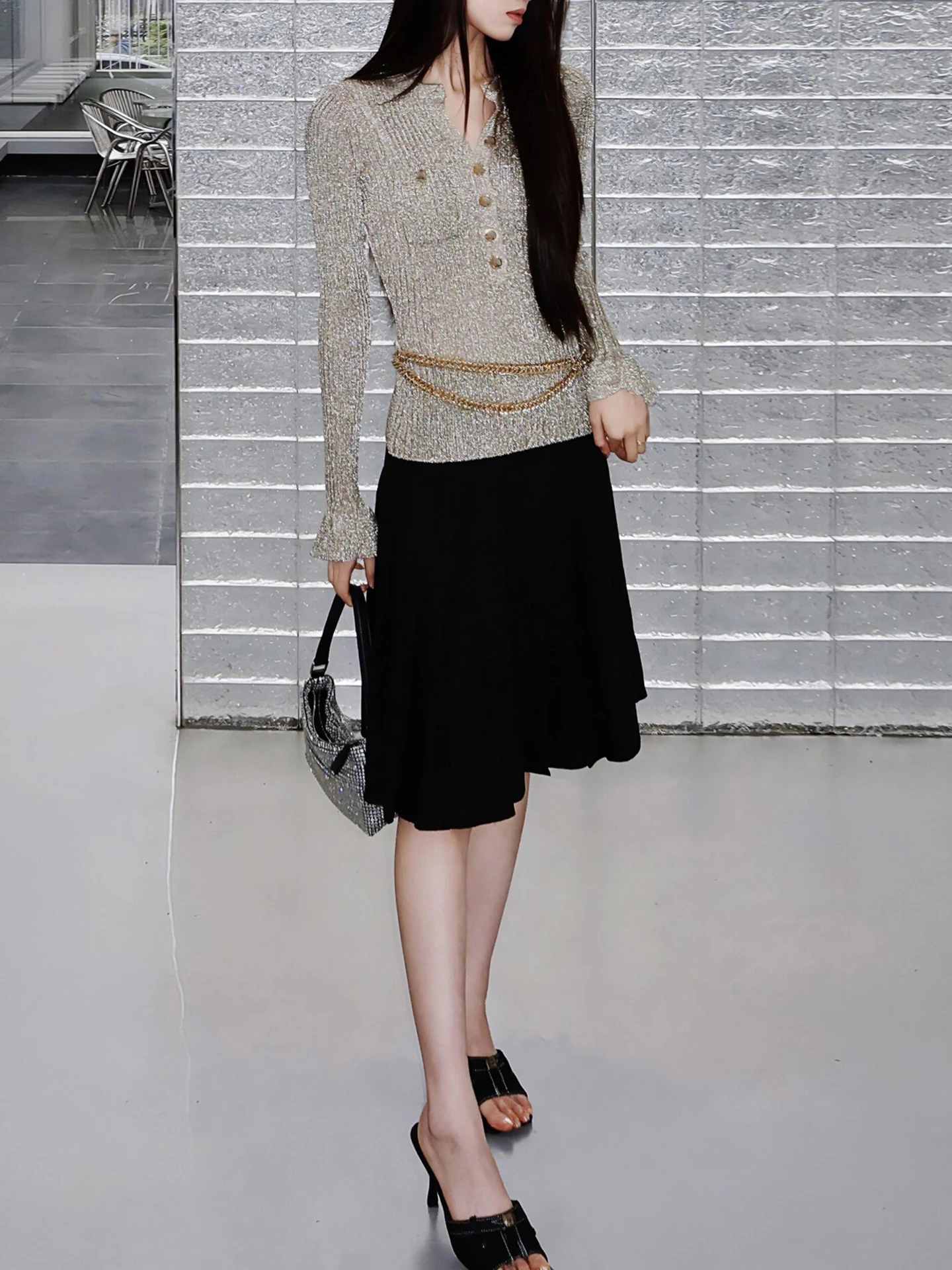 

Slim Fit iny Tead Waist Chain Knitted Top Women's Faion Autumn Winter Retro Sle SP Home South Oil High End Clothing