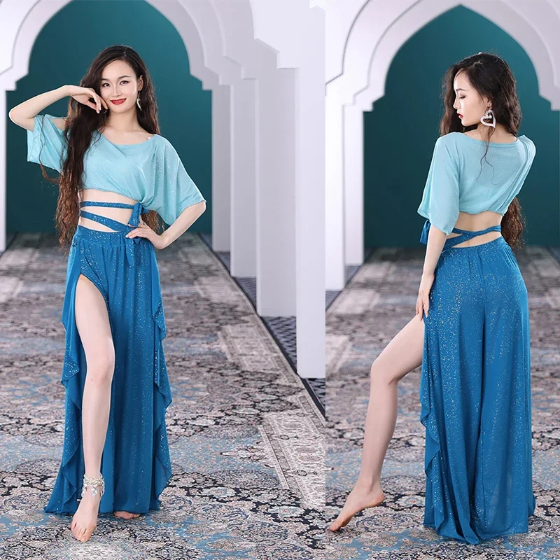 Vêtements d'entraînement de danse du ventre, haut et jupe fendue, ensemble de 2 pièces pour femmes adultes, spectacle sur scène, tenue de danse personnelle Sexy