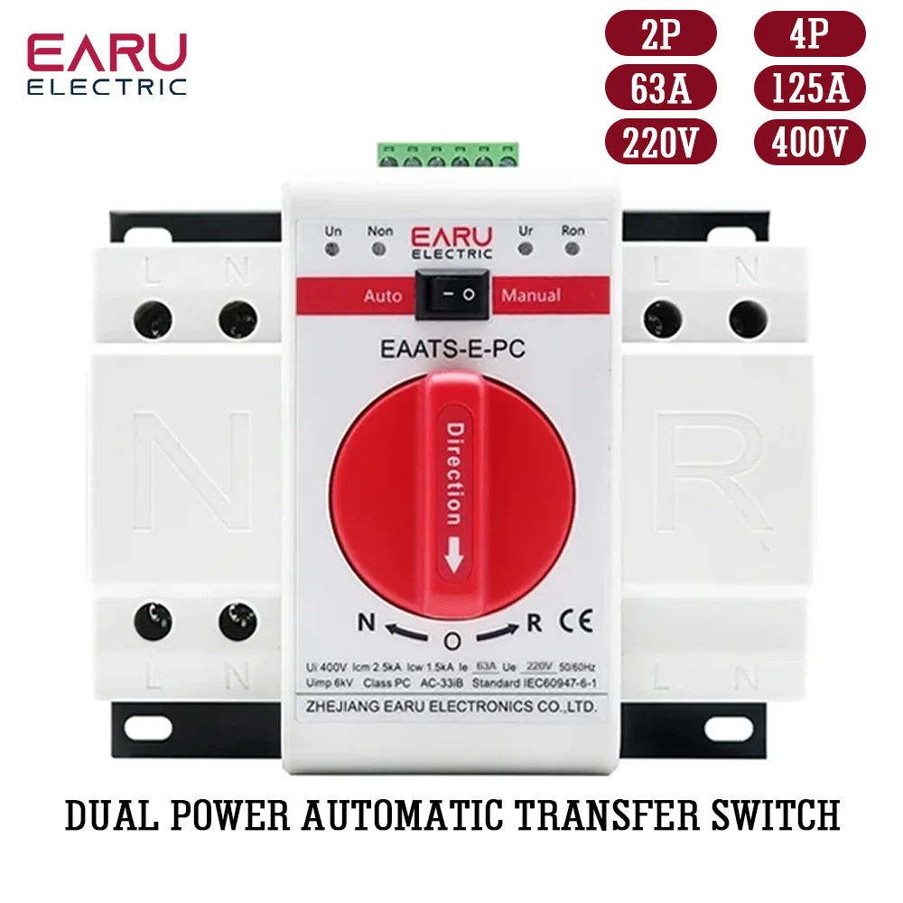 63A 125A 2P 4P ATS PV Dual Power Automatic Transfer Switch AC230V 400V 50 60Hz Type MCB Auto Manual Sal Switches Circuit Breaker