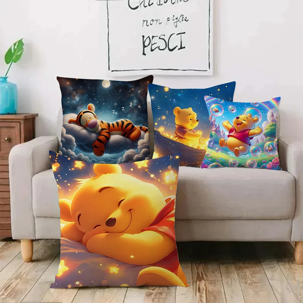 

Cute Anime Winnie the Pooh Pillow Covers Cartoon Sofa Decorative Home Double-sided Printing Short Plush Cute Cushion Cover