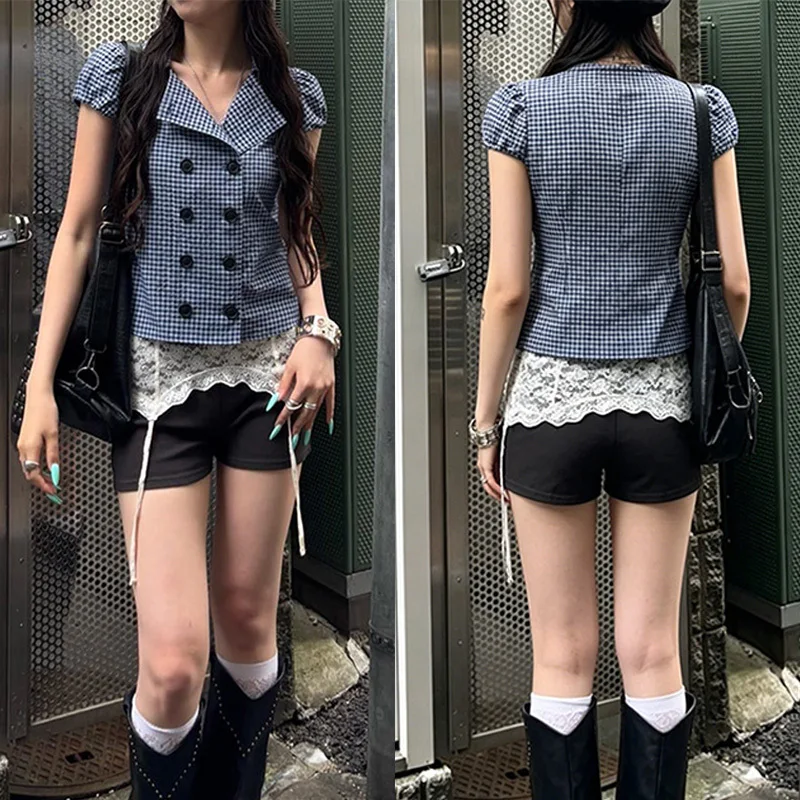 American retro style striped double breasted short sleeved polo shirt top summer Y2K hot girls style versatile short sleeved top