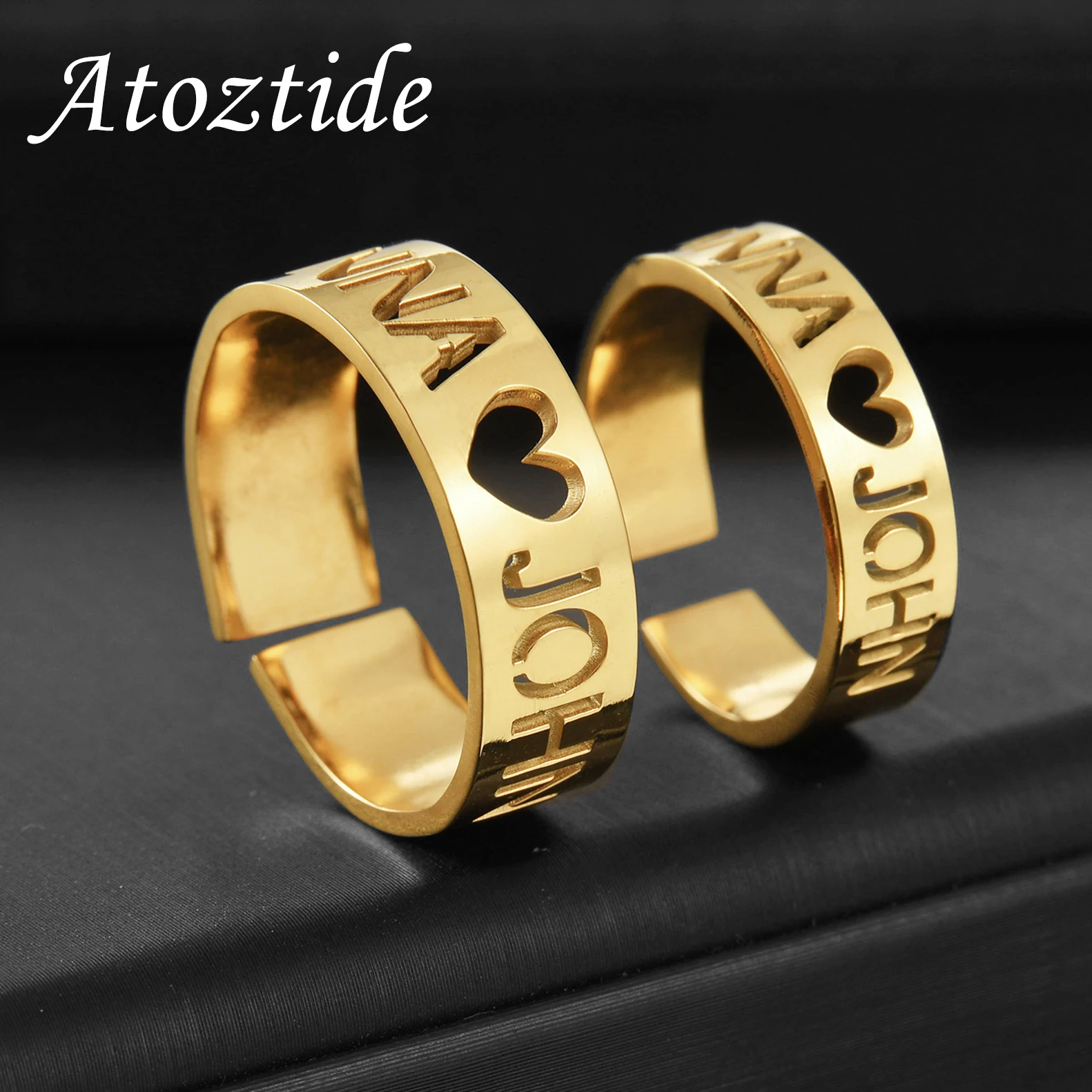 Atoztide Personalized Custom Names Rings Stainless Steel for Couple Wedding Letter Circle Adjustable Open Size Jewelry Gifts