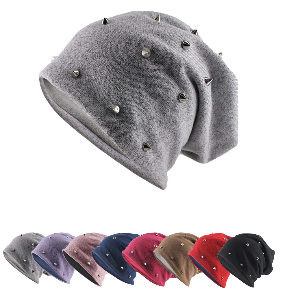 New Winter Fashion Adult Unisex Beanies Skullies Casual Rivet Women Sport Soft Solid Hat Thick Outdoor Plush Lining Girls Beanie