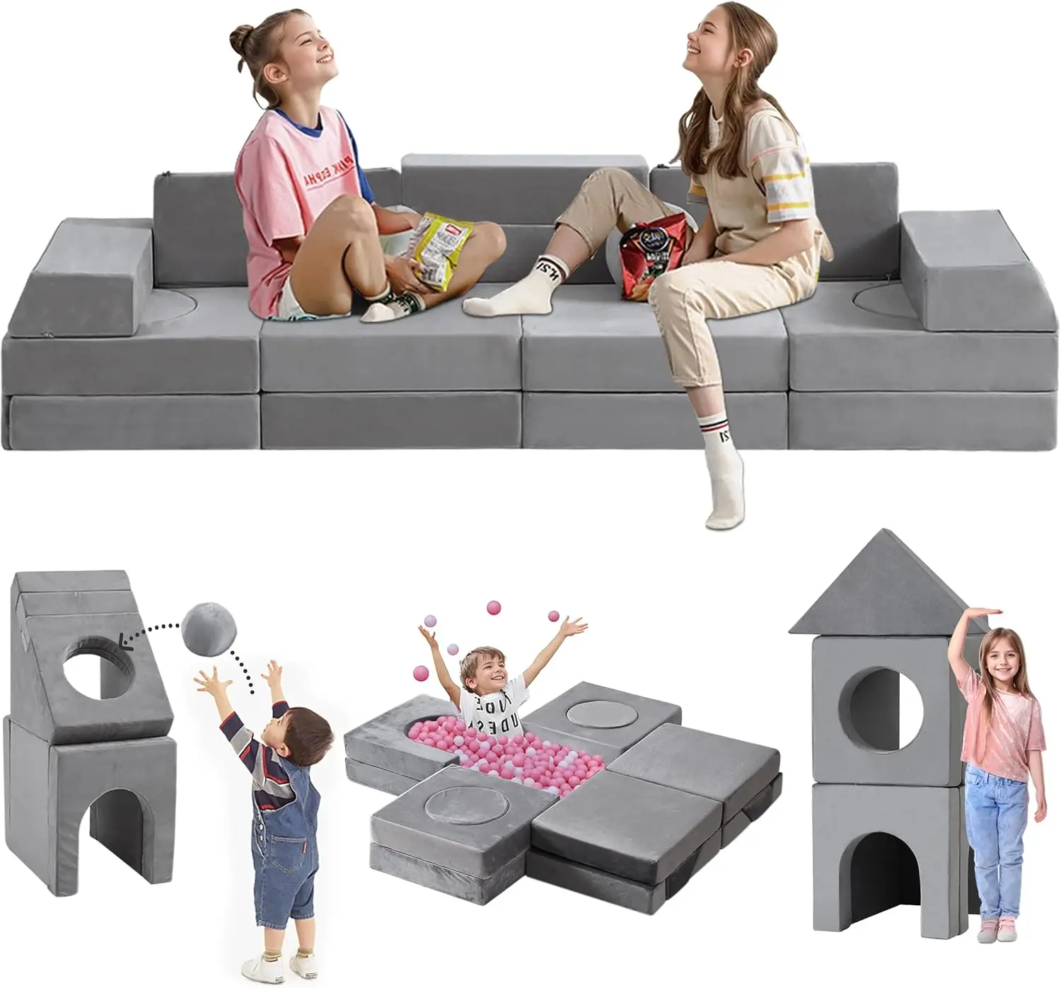 Play Couch, Floor Sofa 1000+Dly Creativing Playroom Furniture, Convertible Foam and Floor Cushion for Boys and Girls, grey2