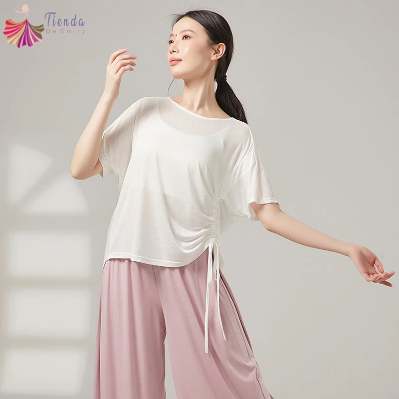 Women's Modern Dancewear Solid Color Tops Loose Drawstring Side Ruched T-shirt Summer Sheer Round Neck Casual Yoga Dance Blouse