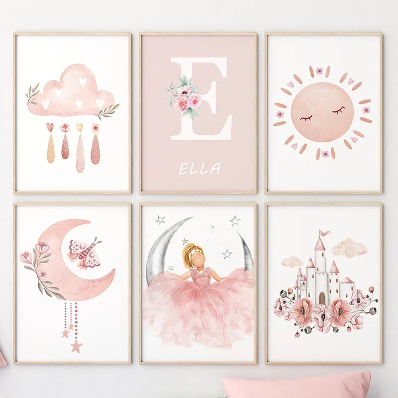 Pink Angel Girl Sun Moon Cloud Swan Castle Wall Art Nursery Canvas Painting Nordic Posters Prints Pictures Baby Kids Room Decor - view 3