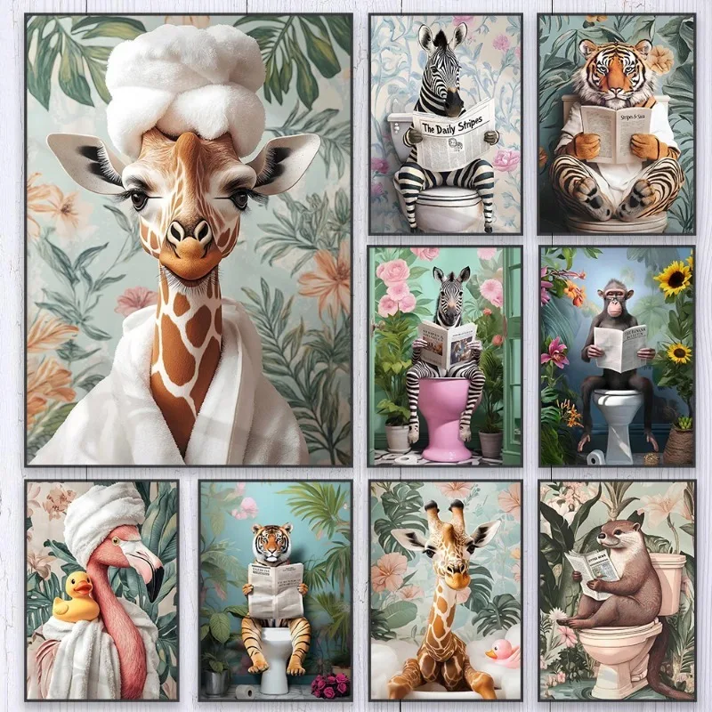 Zebra girafa banheiro lona cartaz engraçado tigre leitura jornal animal planta arte da parede impressão para banheiro moderno decoração de casa presente