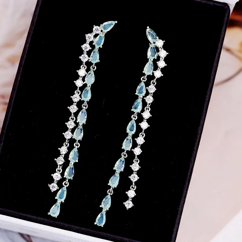 

22 New Long Tassel European and American Fashion Zircon Silver Needle High-end Water Drop Geometric Earrings W