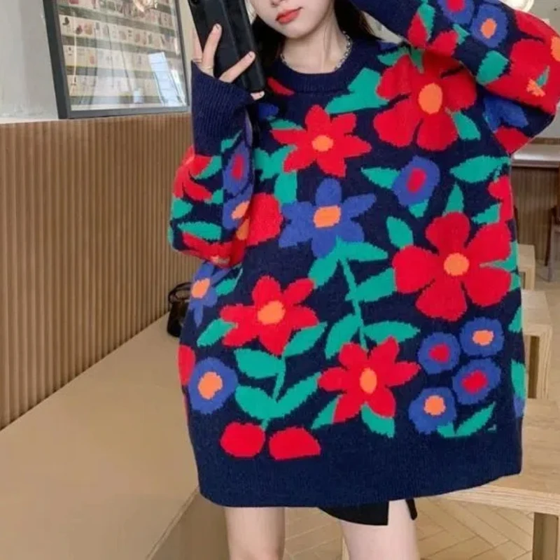 Women\'s Clothing Pullover Round Neck Sweater Knitted Casual Loose Long Sleeve Autumn Winter Geometric Vintage Plant&Flowers Tops