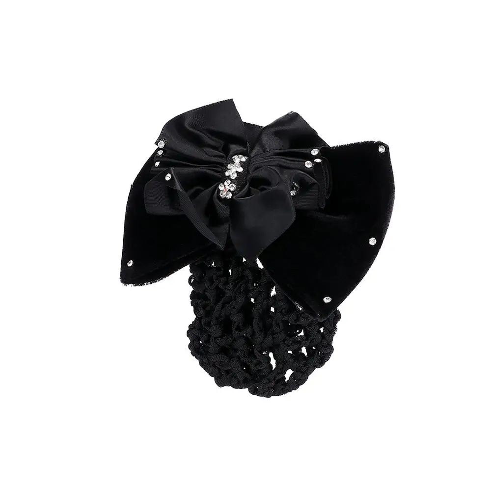 Charm Satin Lady Rhinestone Barrette Hair Clip Cover Net Bun Snood Bowknot Hair Accessories