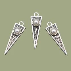 Retro Triangle Metal Pendant, Inlaid Beads Charms, DIY Manual Earrings Charms, 29*9mm Silver Plated Charms, Unisex A18 10pcs