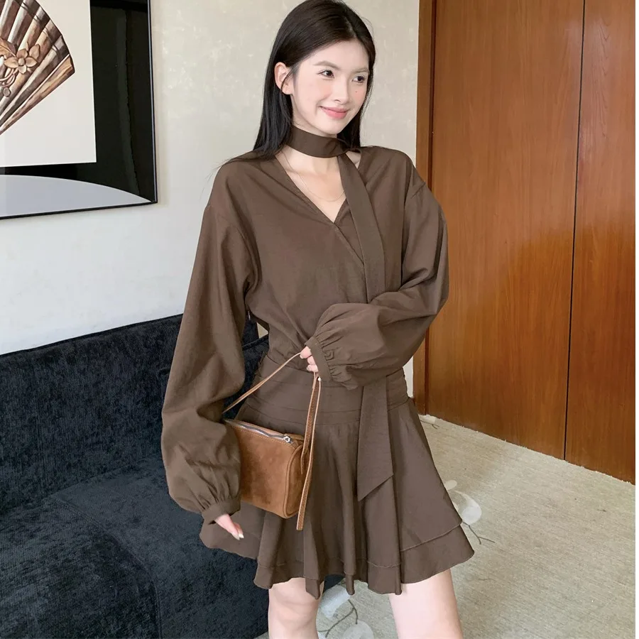 Ele V-Ne Long Sve Dr Faionable Ceinture pour femme ort Dr Mousseline drapée Prince Sle Ci Commuting Dr